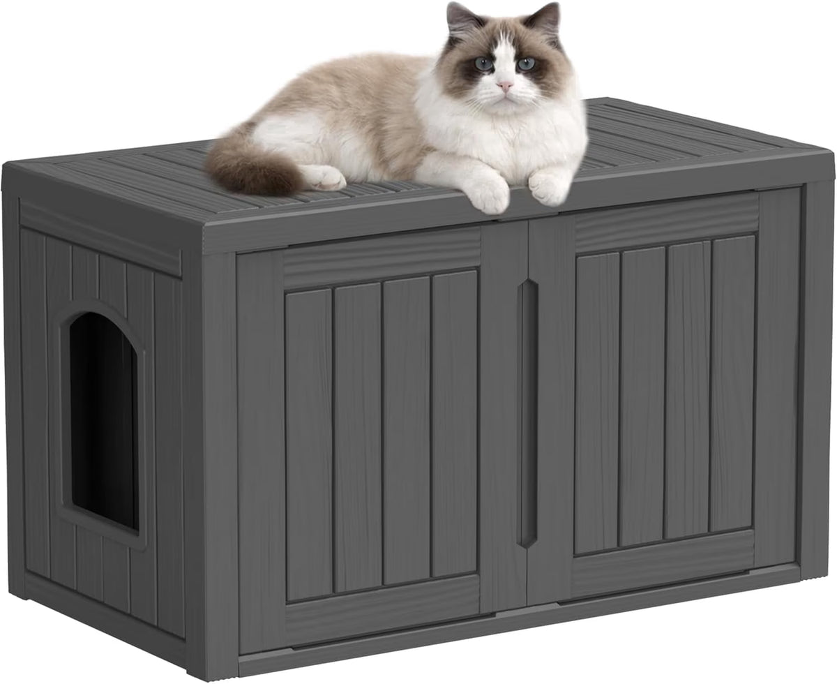 Joxxoaa Outdoor Resin Weatherproof Cat House Cabinet, Ventilated Insulated Pet Shelter, Scratch Resistant Washable Indoor Outdoor Cat Furniture, Black