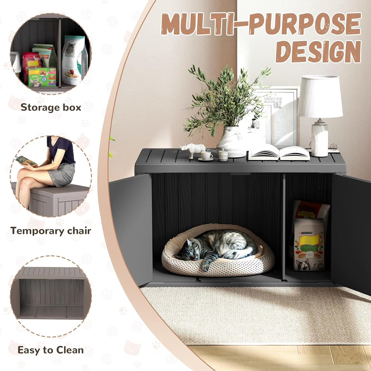 Joxxoaa Outdoor Resin Weatherproof Cat House Cabinet, Ventilated Insulated Pet Shelter, Scratch Resistant Washable Indoor Outdoor Cat Furniture, Black
