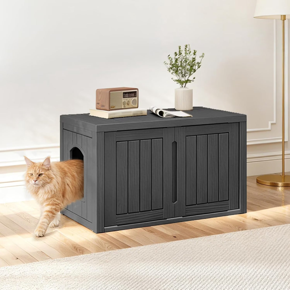 Joxxoaa Outdoor Resin Weatherproof Cat House Cabinet, Ventilated Insulated Pet Shelter, Scratch Resistant Washable Indoor Outdoor Cat Furniture, Black