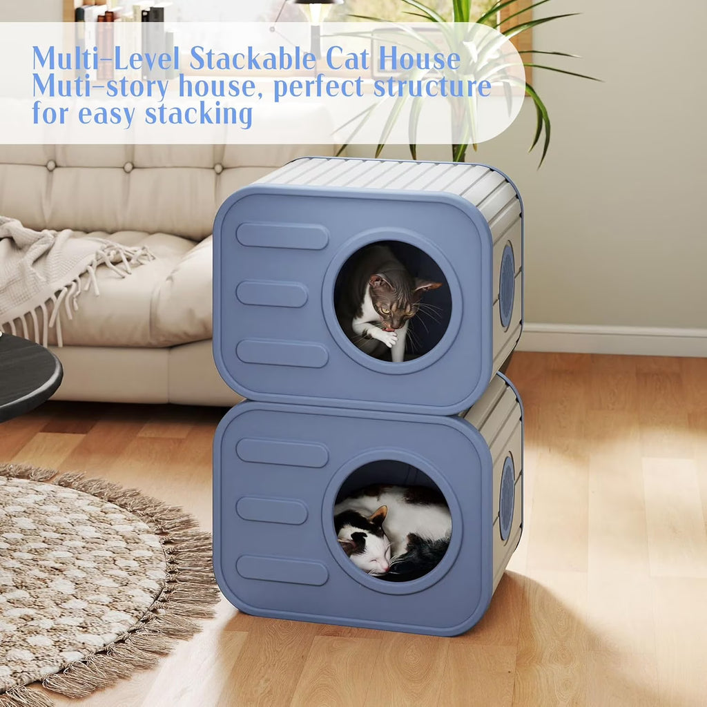 Joxxoaa Outdoor resin weatherproof cat house,ventilated and insulated for Cats,Kittens,Puppies,washable,easy to assemble,scratch and bite resistant,non-stick to hair (blue).