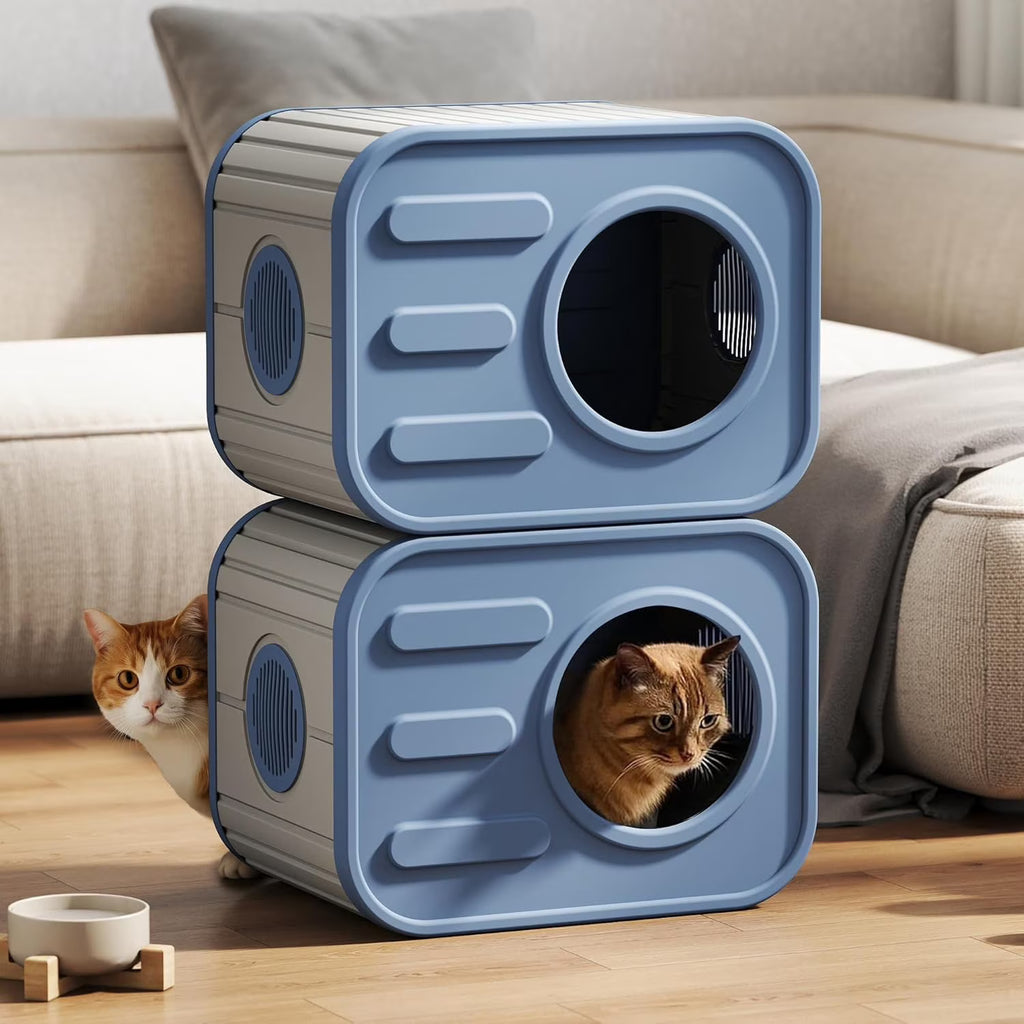 Joxxoaa Outdoor resin weatherproof cat house,ventilated and insulated for Cats,Kittens,Puppies,washable,easy to assemble,scratch and bite resistant,non-stick to hair (blue).