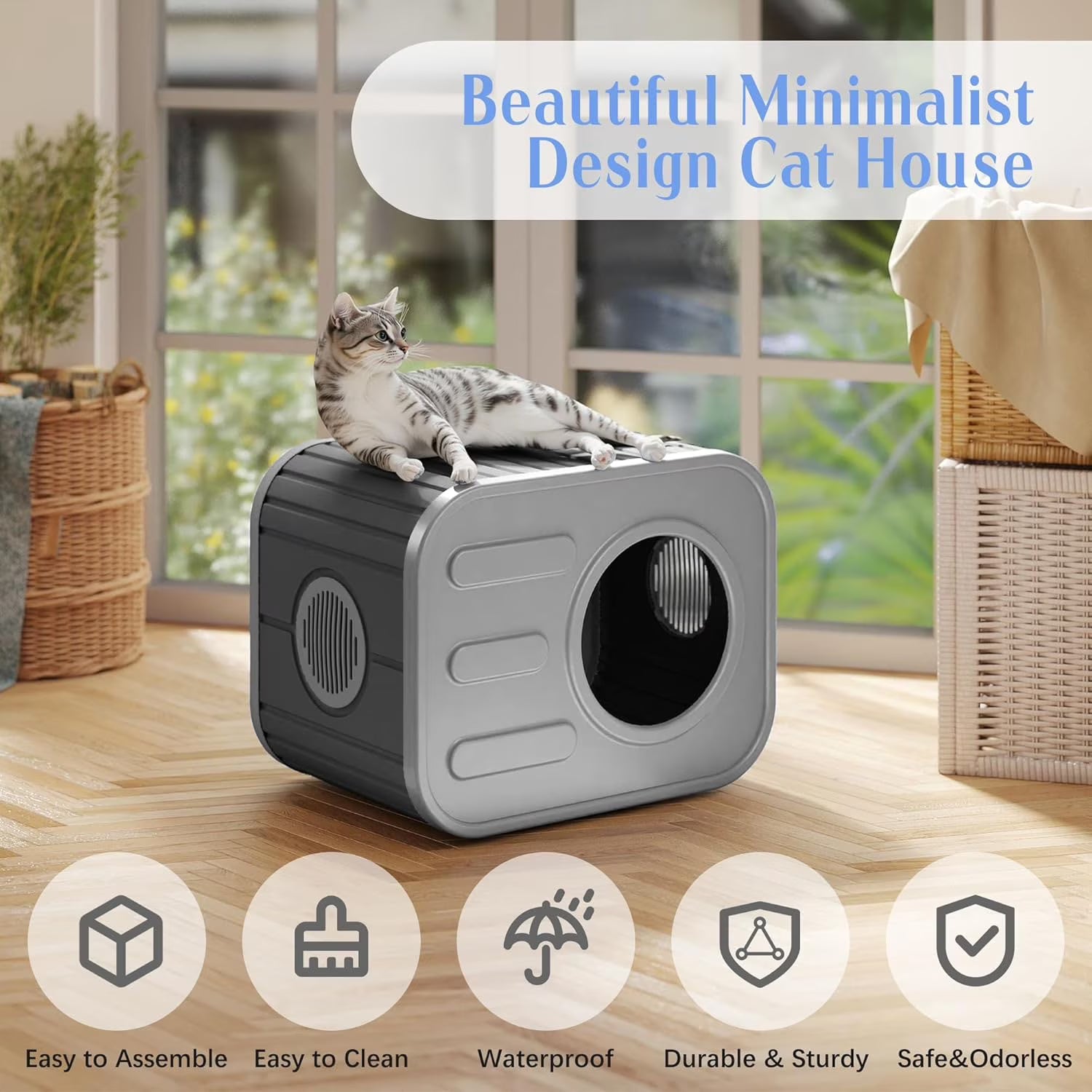Joxxoaa Outdoor resin weatherproof cat house,ventilated and insulated for Cats, Kittens, Puppies,washable,easy to assemble,scratch and bite-resistant,non-stick to hair(black)