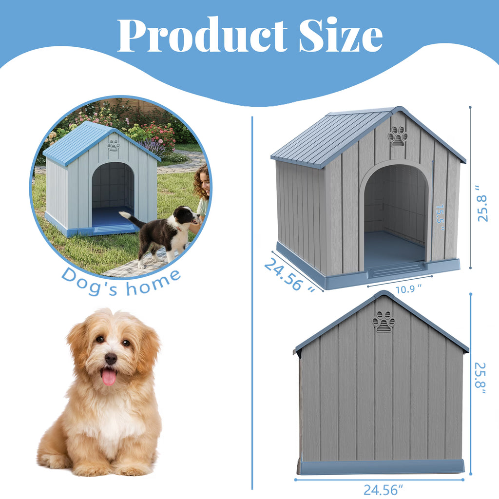 Joxxoaa Resin Dog House, Weatherproof Outdoor Indoor Kennel for Small Dogs, Blue