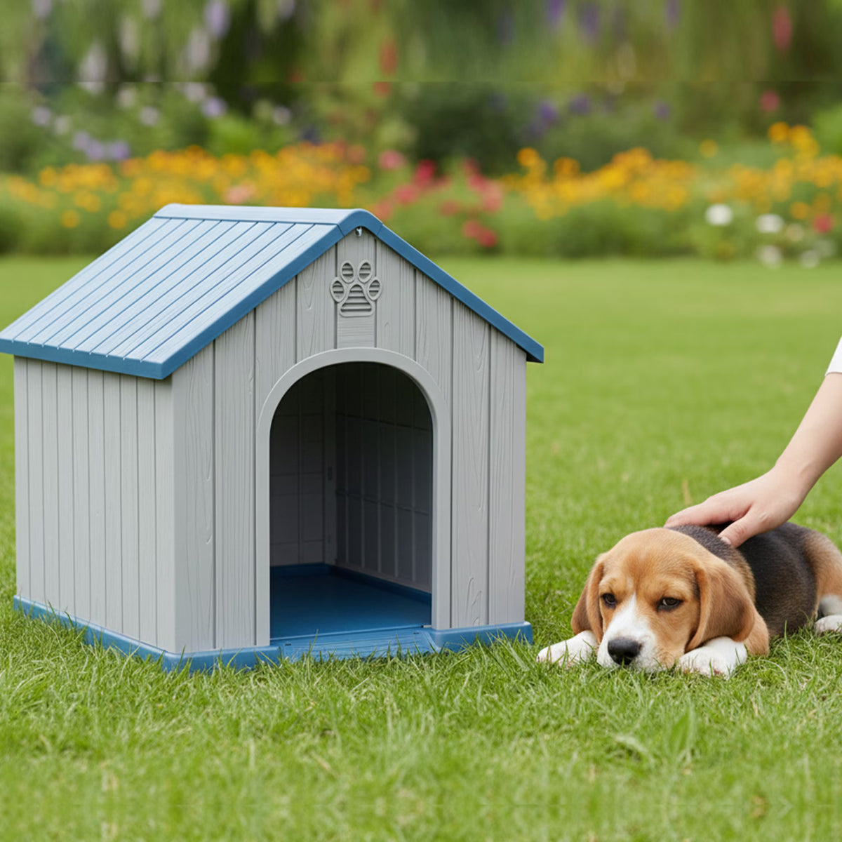 Joxxoaa Resin Dog House, Weatherproof Outdoor Indoor Kennel for Small Dogs, Blue