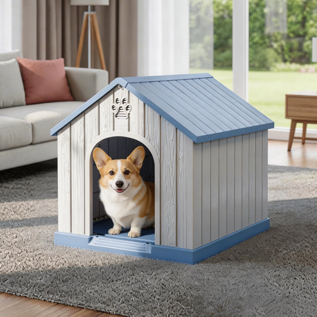 Joxxoaa Resin Dog House, Weatherproof Outdoor Indoor Kennel for Small Dogs, Blue