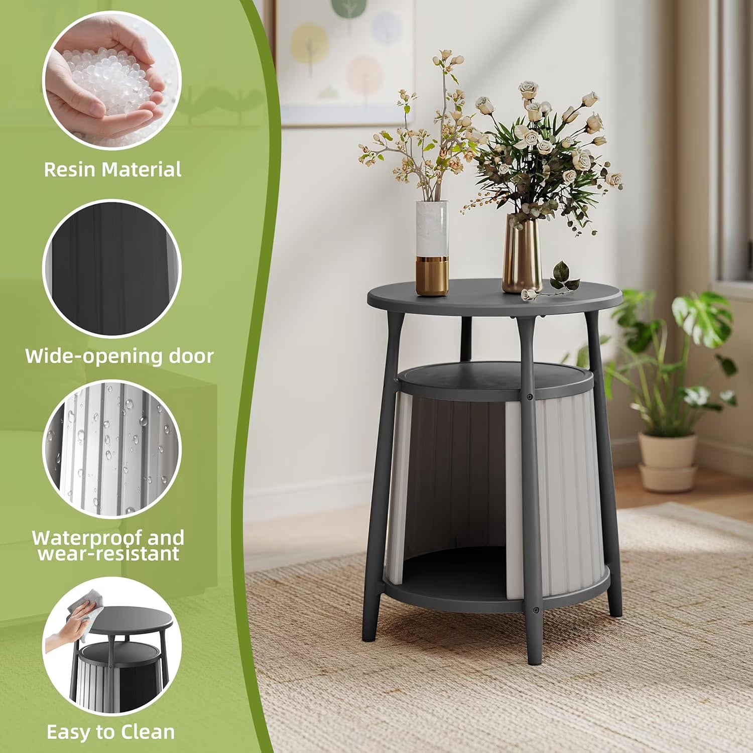 Joxxoaa 2-in-1 Cat House End Table, Weatherproof Resin Pet Bed Nightstand for Small Spaces, Easy Assembly, Black/Gray.