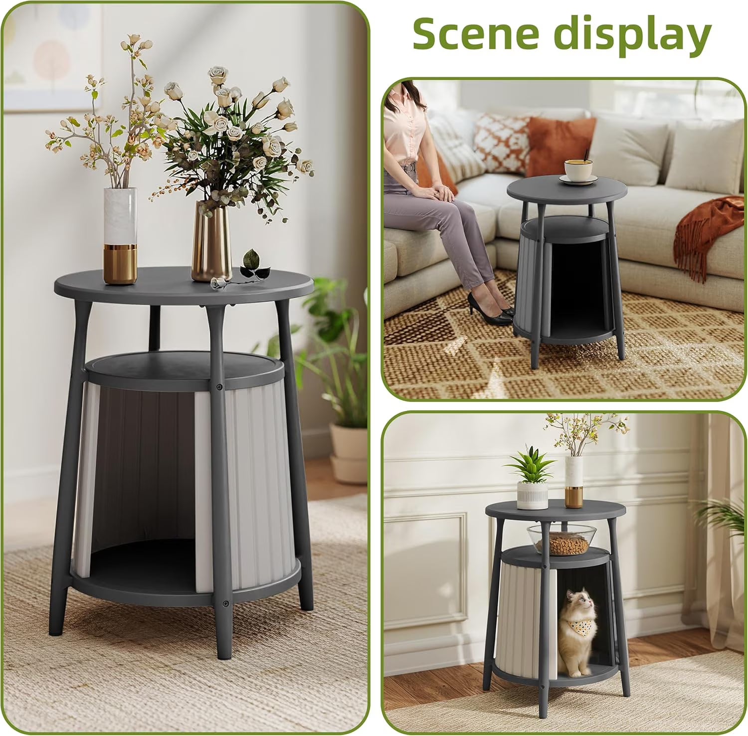 Joxxoaa 2-in-1 Cat House End Table, Weatherproof Resin Pet Bed Nightstand for Small Spaces, Easy Assembly, Black/Gray.
