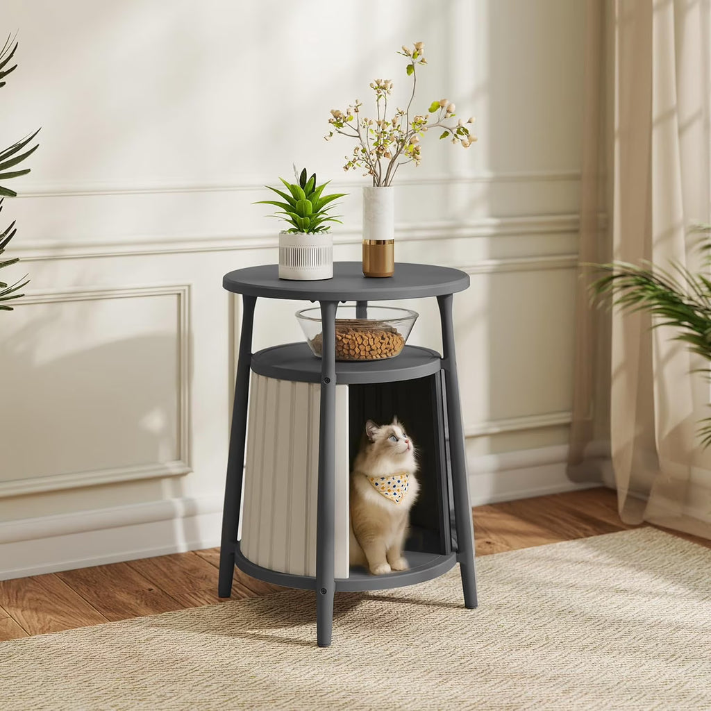 Joxxoaa 2-in-1 Cat House End Table, Weatherproof Resin Pet Bed Nightstand for Small Spaces, Easy Assembly, Black/Gray.