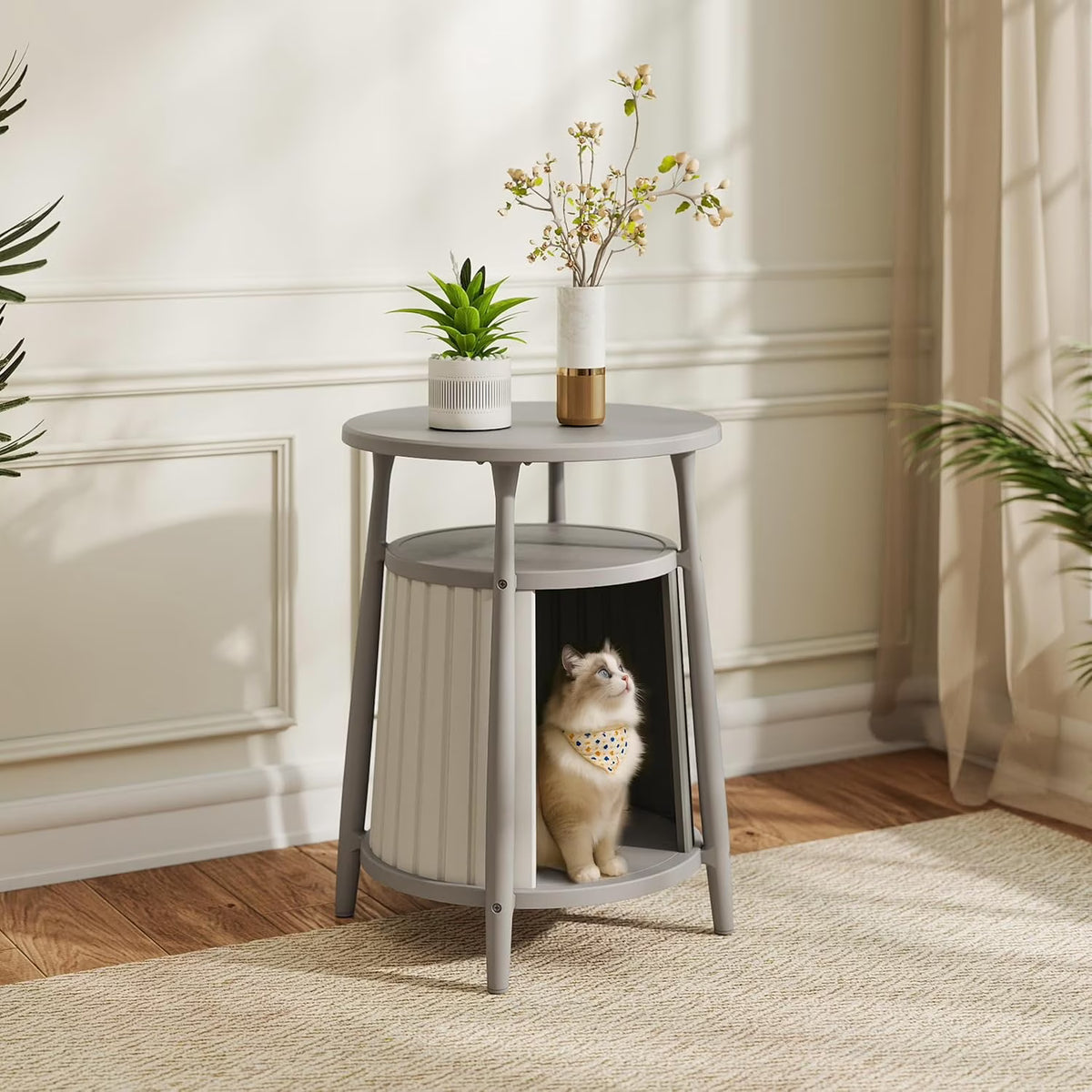 Joxxoaa Resin Cat House Side Table, Weatherproof Ventilated Pet Shelter for Cats Kittens Puppies, Easy to Assemble, Gray