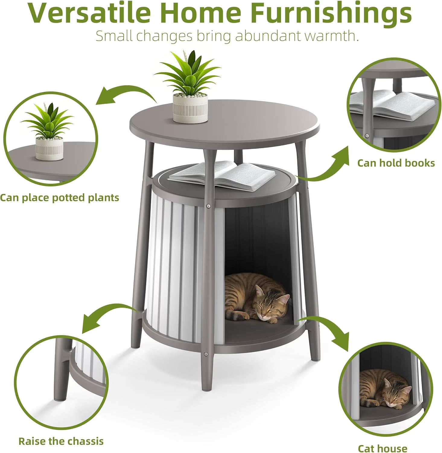 Joxxoaa Resin Cat House Side Table, Weatherproof Ventilated Pet Shelter for Cats Kittens Puppies, Easy to Assemble, Gray