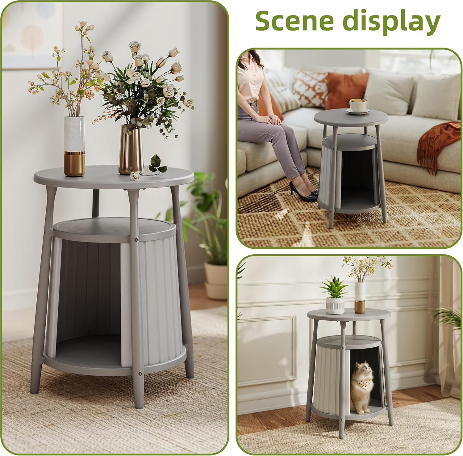 Joxxoaa Resin Cat House Side Table, Weatherproof Ventilated Pet Shelter for Cats Kittens Puppies, Easy to Assemble, Gray