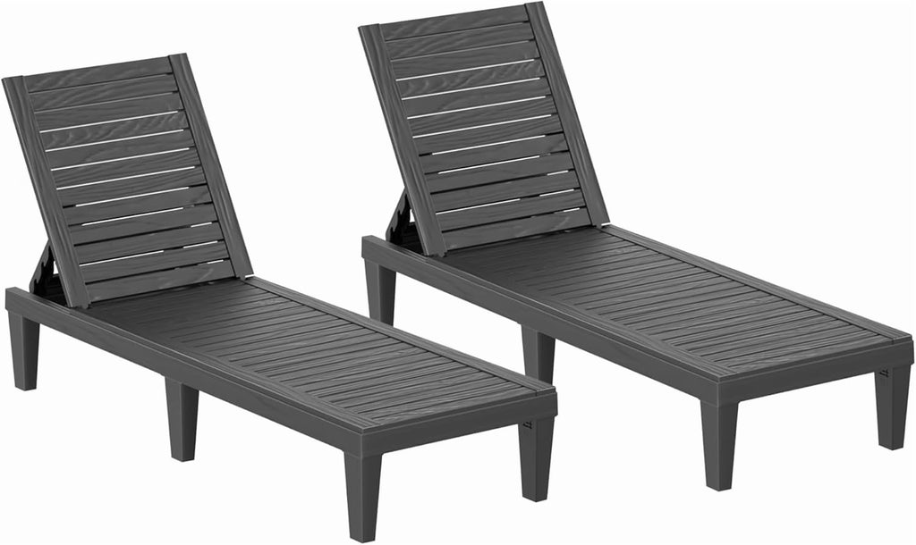 Joxxoaa 2 Pack Black Outdoor Plastic Adjustable Backrest Lounge Chair, Weather Resistant Reclining Patio Chaise Lounge for Poolside Backyard Garden