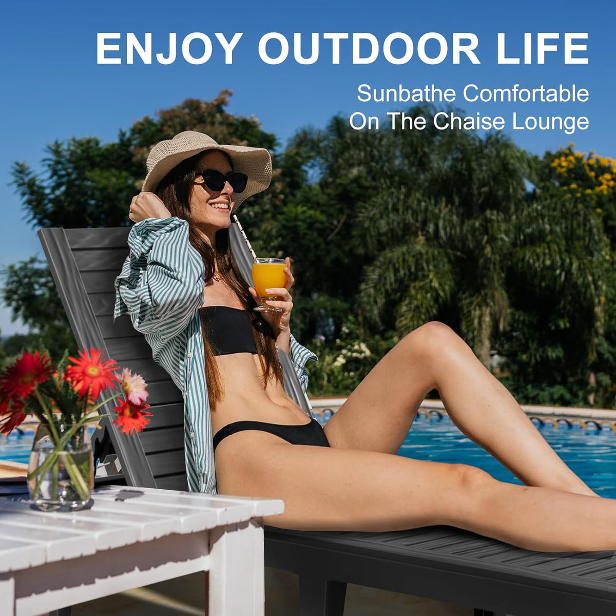 Joxxoaa 2 Pack Black Outdoor Plastic Adjustable Backrest Lounge Chair, Weather Resistant Reclining Patio Chaise Lounge for Poolside Backyard Garden