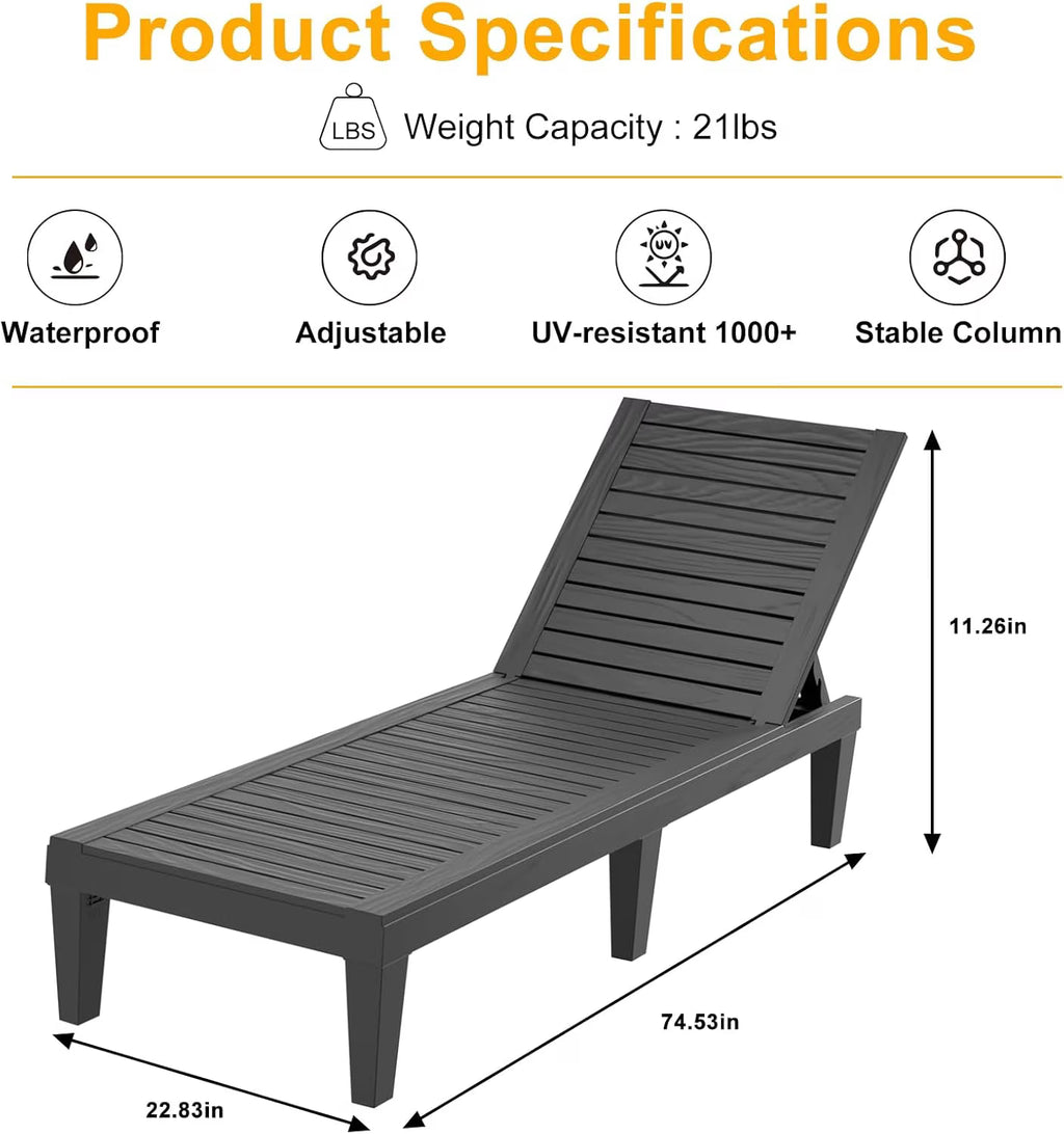 Joxxoaa 2 Pack Black Outdoor Plastic Adjustable Backrest Lounge Chair, Weather Resistant Reclining Patio Chaise Lounge for Poolside Backyard Garden