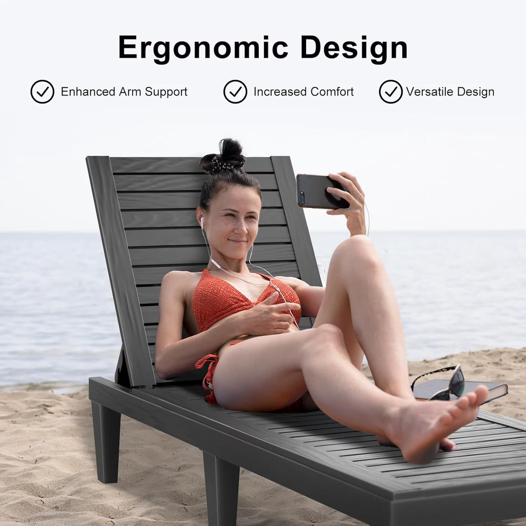 Joxxoaa 2 Pack Black Outdoor Plastic Adjustable Backrest Lounge Chair, Weather Resistant Reclining Patio Chaise Lounge for Poolside Backyard Garden