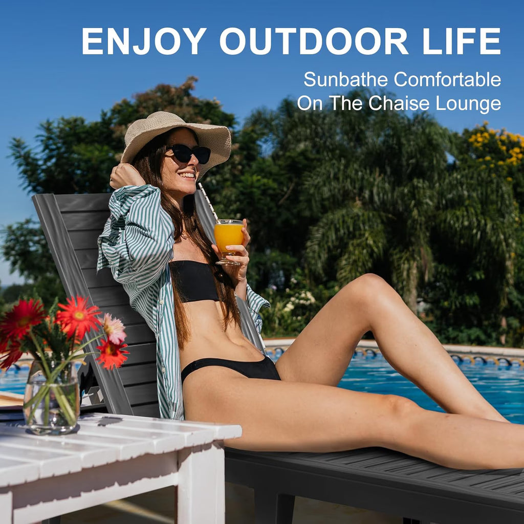 Joxxoaa Plastic Outdoor Chaise Lounge Chair, Adjustable Backrest Weather Resistant Patio Pool Recliner for Backyard Garden, Black.