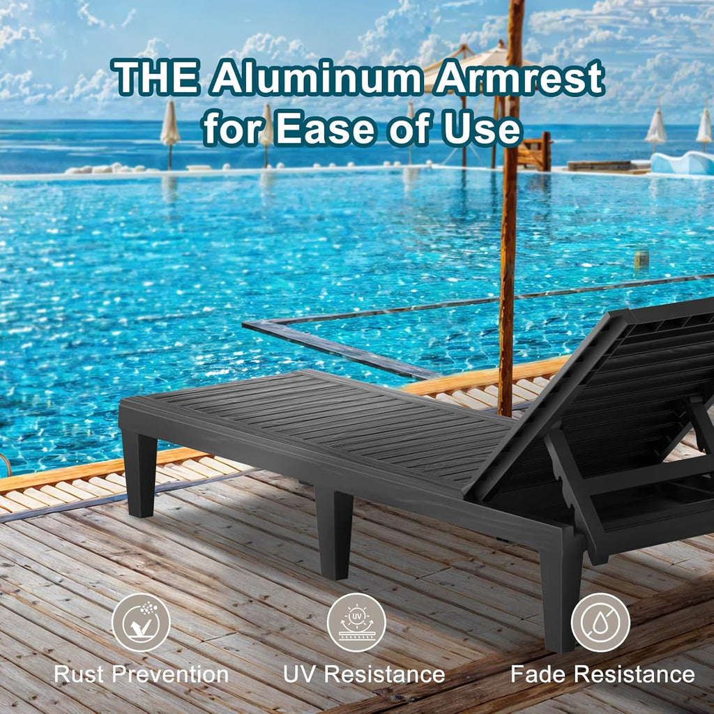Joxxoaa Plastic Outdoor Chaise Lounge Chair, Adjustable Backrest Weather Resistant Patio Pool Recliner for Backyard Garden, Black.