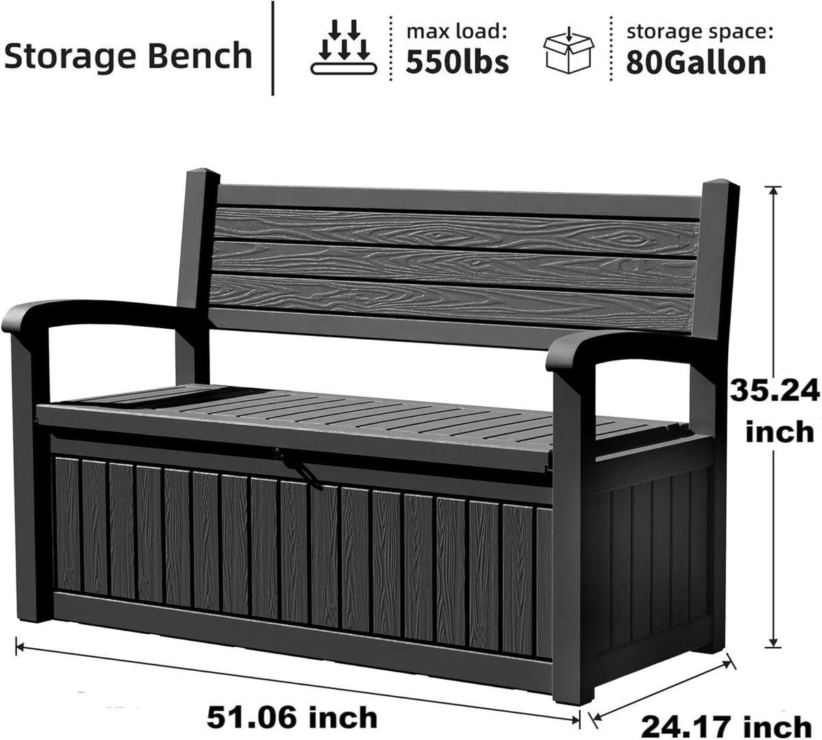 Joxxoaa 80 Gallon Storage Bench Deck Box for Patio Storage, Front Porch Decor and Outdoor Seating – Perfect to Store Garden Tools and Pool Floats.( Black Stripe).
