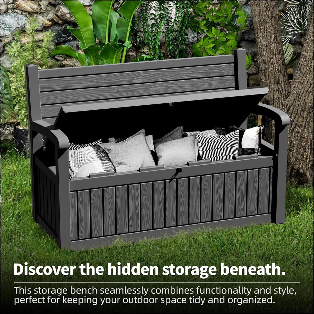 Joxxoaa 80 Gallon Storage Bench Deck Box for Patio Storage, Front Porch Decor and Outdoor Seating – Perfect to Store Garden Tools and Pool Floats.( Black Stripe).