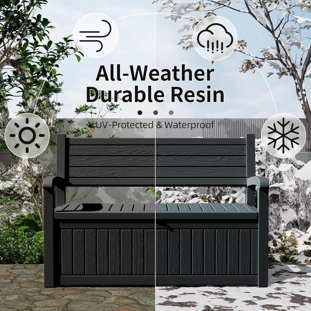 Joxxoaa 80 Gallon Storage Bench Deck Box for Patio Storage, Front Porch Decor and Outdoor Seating – Perfect to Store Garden Tools and Pool Floats.( Black Stripe).