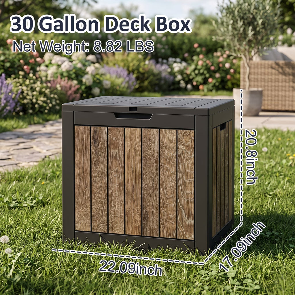 Joxxoaa 30 Gallon Deck Storage Box, Cherry Wood Print Resin Patio Storage Bin, Waterproof Outdoor Organizer for Patio, Balcony, Yard and Home Use
