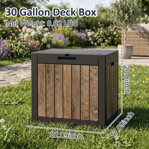 Joxxoaa 30 Gallon Deck Storage Box, Cherry Wood Print Resin Patio Storage Bin, Waterproof Outdoor Organizer for Patio, Balcony, Yard and Home Use