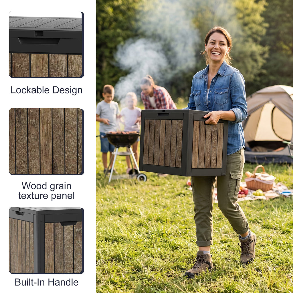 Joxxoaa 30 Gallon Deck Storage Box, Cherry Wood Print Resin Patio Storage Bin, Waterproof Outdoor Organizer for Patio, Balcony, Yard and Home Use