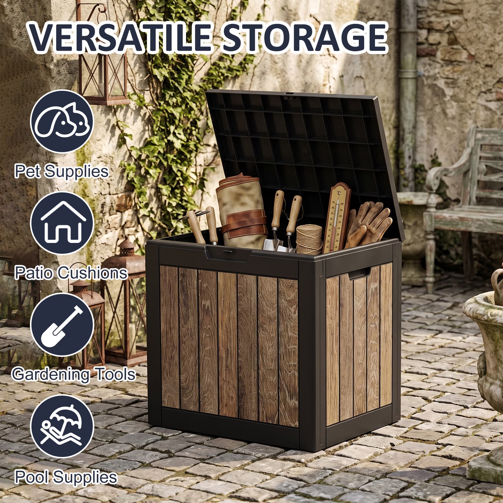 Joxxoaa 30 Gallon Deck Storage Box, Cherry Wood Print Resin Patio Storage Bin, Waterproof Outdoor Organizer for Patio, Balcony, Yard and Home Use