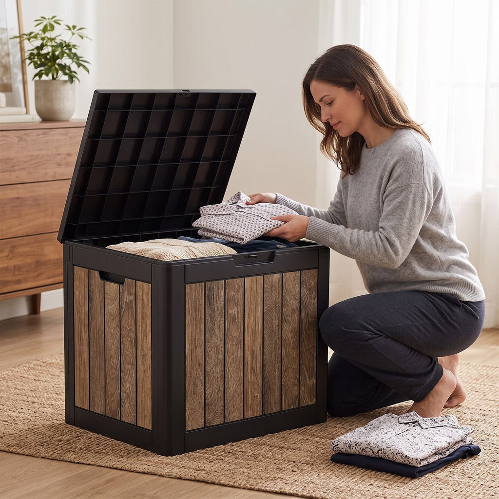 Joxxoaa 30 Gallon Deck Storage Box, Cherry Wood Print Resin Patio Storage Bin, Waterproof Outdoor Organizer for Patio, Balcony, Yard and Home Use