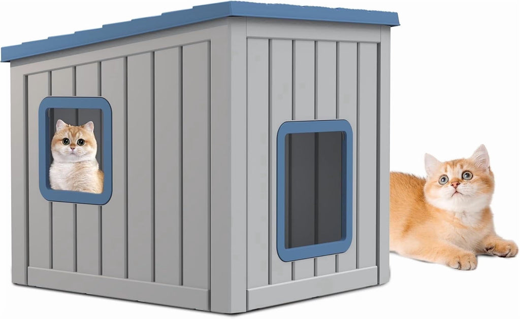 Joxxoaa Outdoor Resin Weatherproof Cat House, Ventilated Insulated Shelter for Cats Kittens Puppies, Washable & Easy to Assemble, Blue