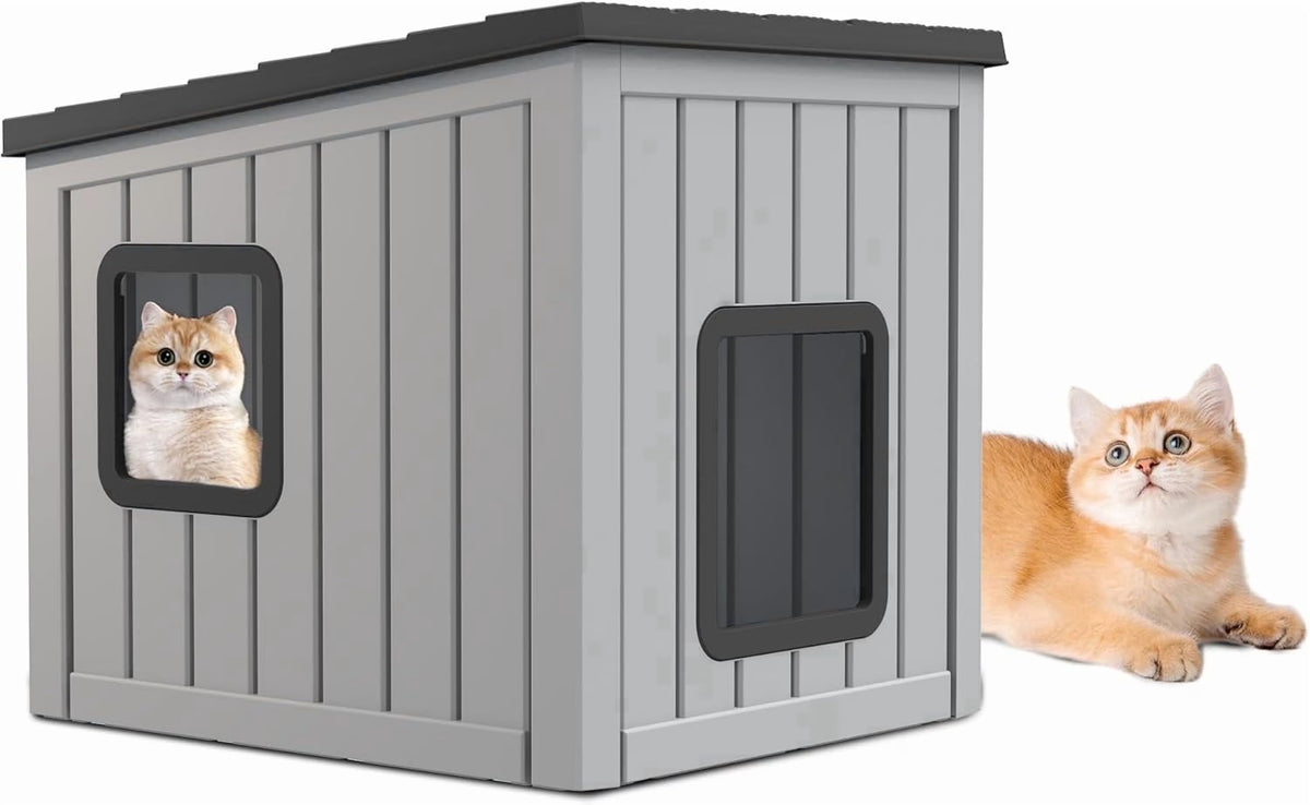 Joxxoaa Outdoor Resin Weatherproof Cat House, Ventilated Insulated Shelter for Cats Kittens Puppies, Washable & Easy to Assemble, Black