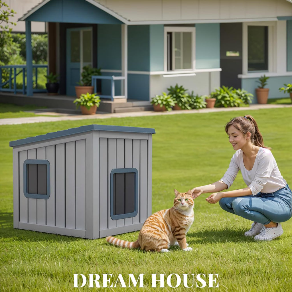 Joxxoaa Outdoor Resin Weatherproof Cat House, Ventilated Insulated Shelter for Cats Kittens Puppies, Washable & Easy to Assemble, Blue