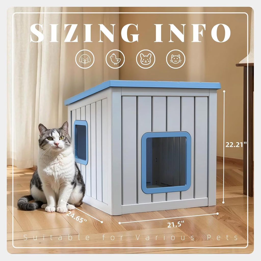 Joxxoaa Outdoor Resin Weatherproof Cat House, Ventilated Insulated Shelter for Cats Kittens Puppies, Washable & Easy to Assemble, Blue