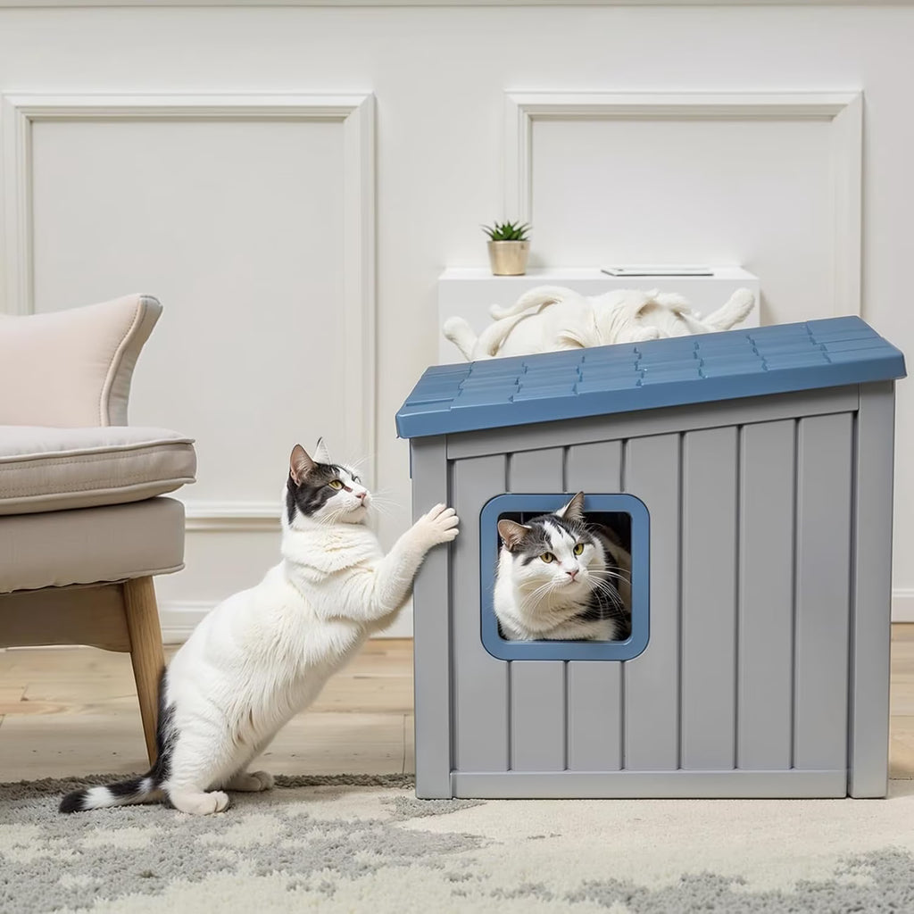 Joxxoaa Outdoor Resin Weatherproof Cat House, Ventilated Insulated Shelter for Cats Kittens Puppies, Washable & Easy to Assemble, Blue