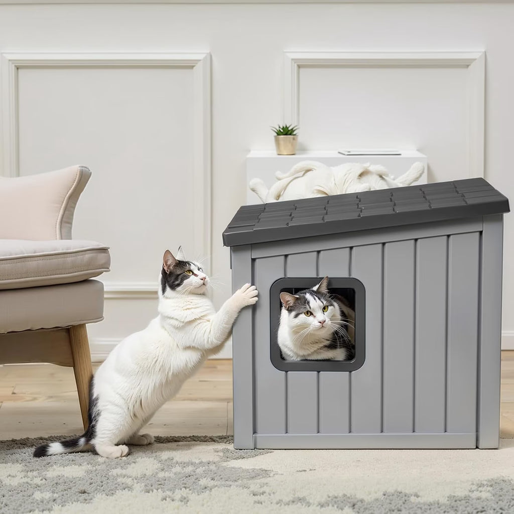 Joxxoaa Outdoor Resin Weatherproof Cat House, Ventilated Insulated Shelter for Cats Kittens Puppies, Washable & Easy to Assemble, Black