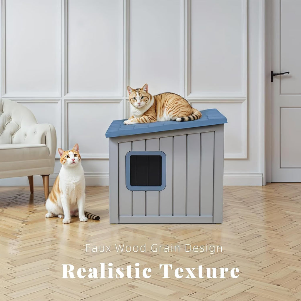 Joxxoaa Outdoor Resin Weatherproof Cat House, Ventilated Insulated Shelter for Cats Kittens Puppies, Washable & Easy to Assemble, Blue