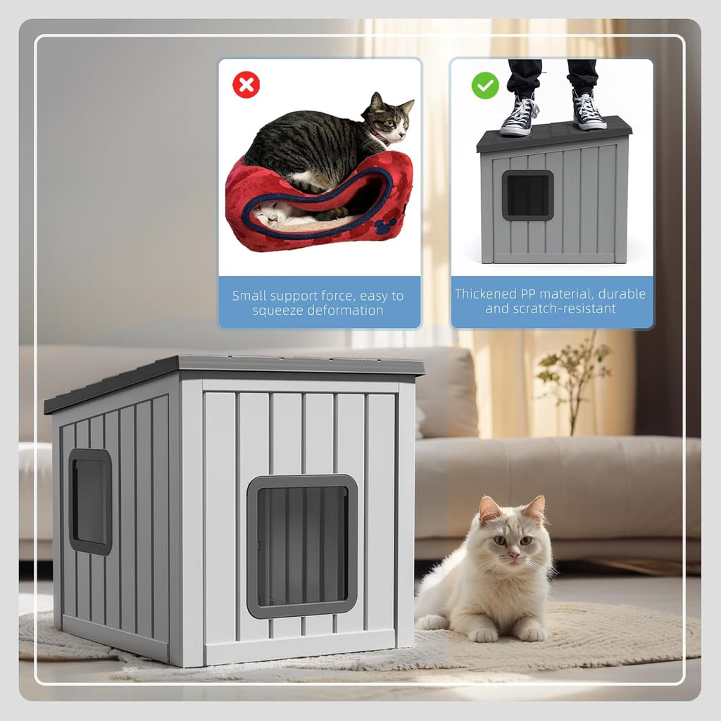 Joxxoaa Outdoor Resin Weatherproof Cat House, Ventilated Insulated Shelter for Cats Kittens Puppies, Washable & Easy to Assemble, Black