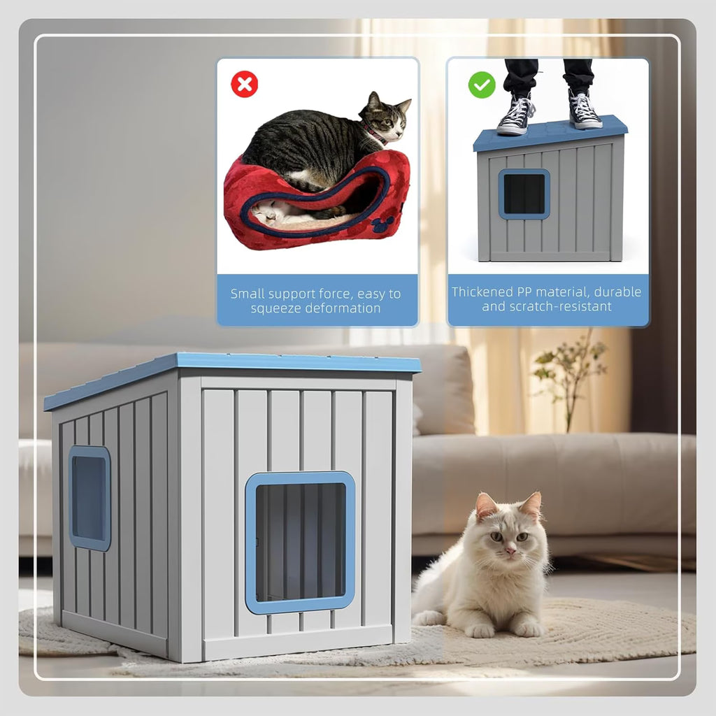Joxxoaa Outdoor Resin Weatherproof Cat House, Ventilated Insulated Shelter for Cats Kittens Puppies, Washable & Easy to Assemble, Blue