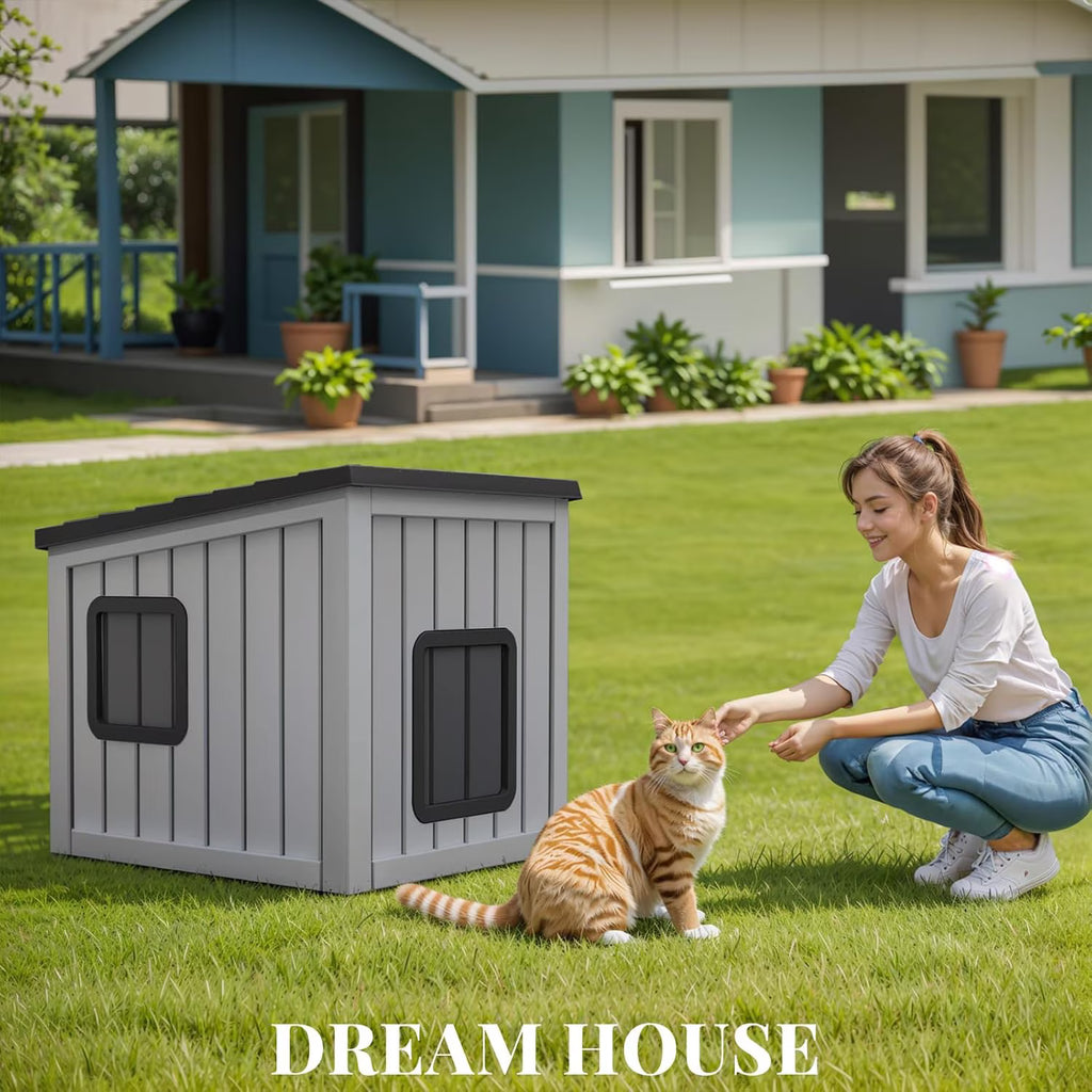 Joxxoaa Outdoor Resin Weatherproof Cat House, Ventilated Insulated Shelter for Cats Kittens Puppies, Washable & Easy to Assemble, Black