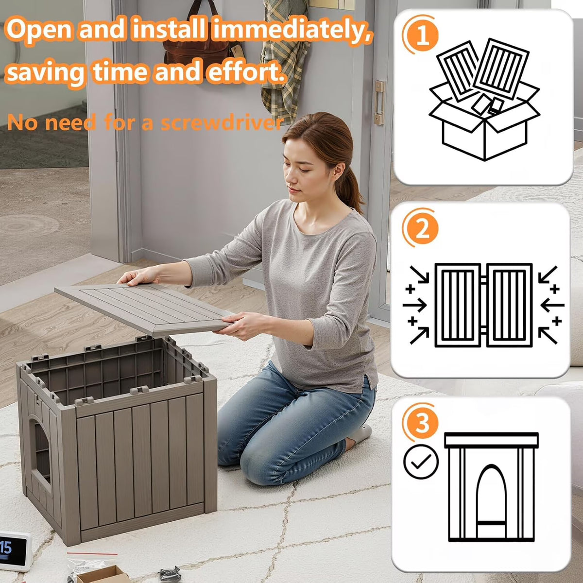 Joxxoaa Weatherproof Resin Outdoor Cat House, Insulated Ventilated Shelter for Cats, Kittens & Puppies, Gray.