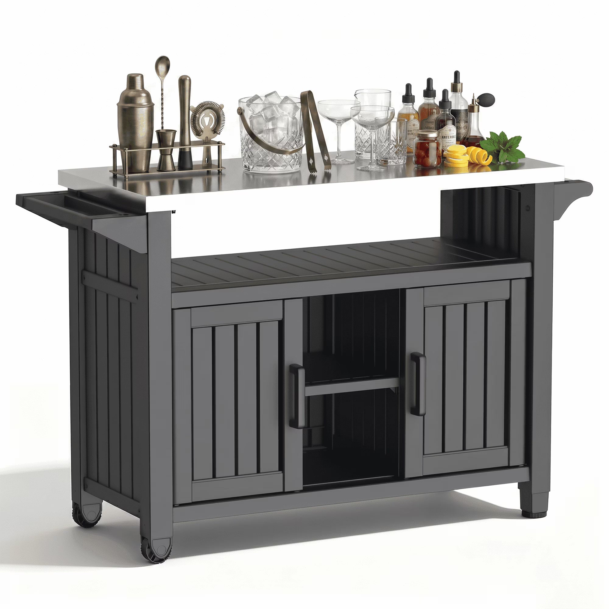 Joxxoaa Wheeled outdoor island bar cart, thickened HDPE patio serving cart with hidden storage cabinets and side trays for BBQ parties. black.