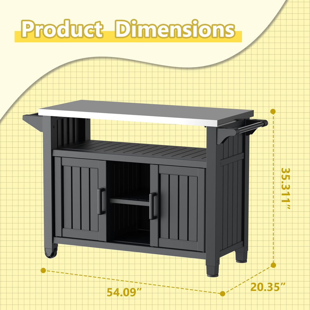 Joxxoaa Wheeled outdoor island bar cart, thickened HDPE patio serving cart with hidden storage cabinets and side trays for BBQ parties. black.