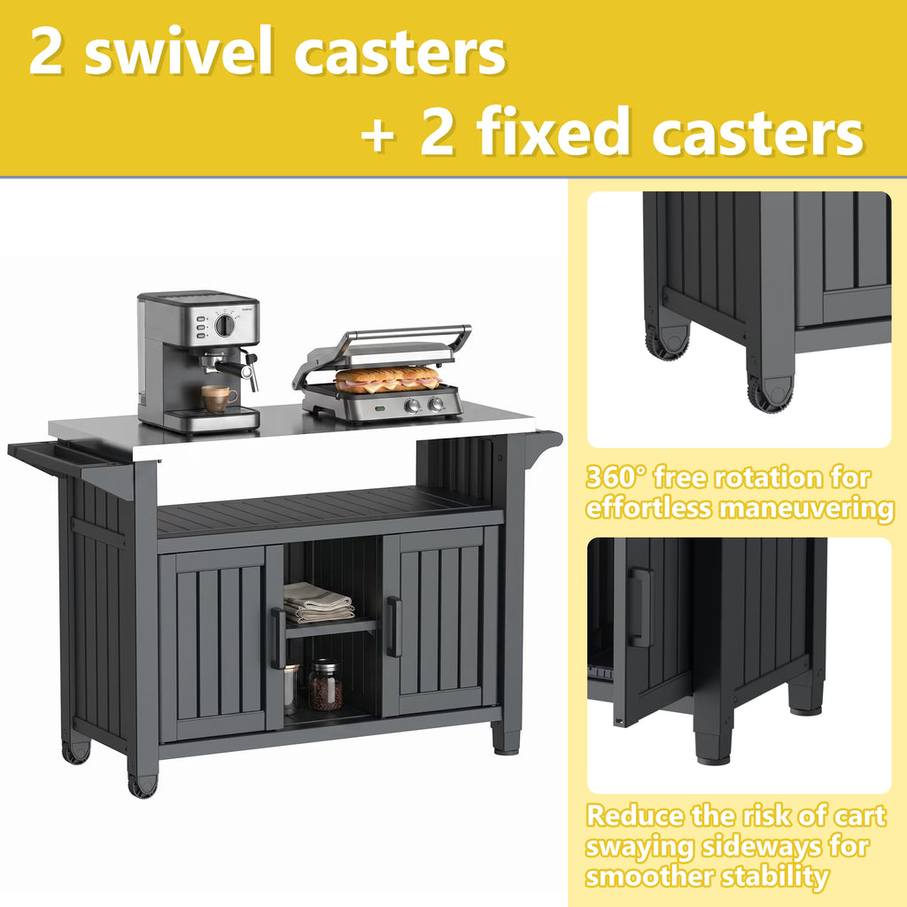 Joxxoaa Wheeled outdoor island bar cart, thickened HDPE patio serving cart with hidden storage cabinets and side trays for BBQ parties. black.