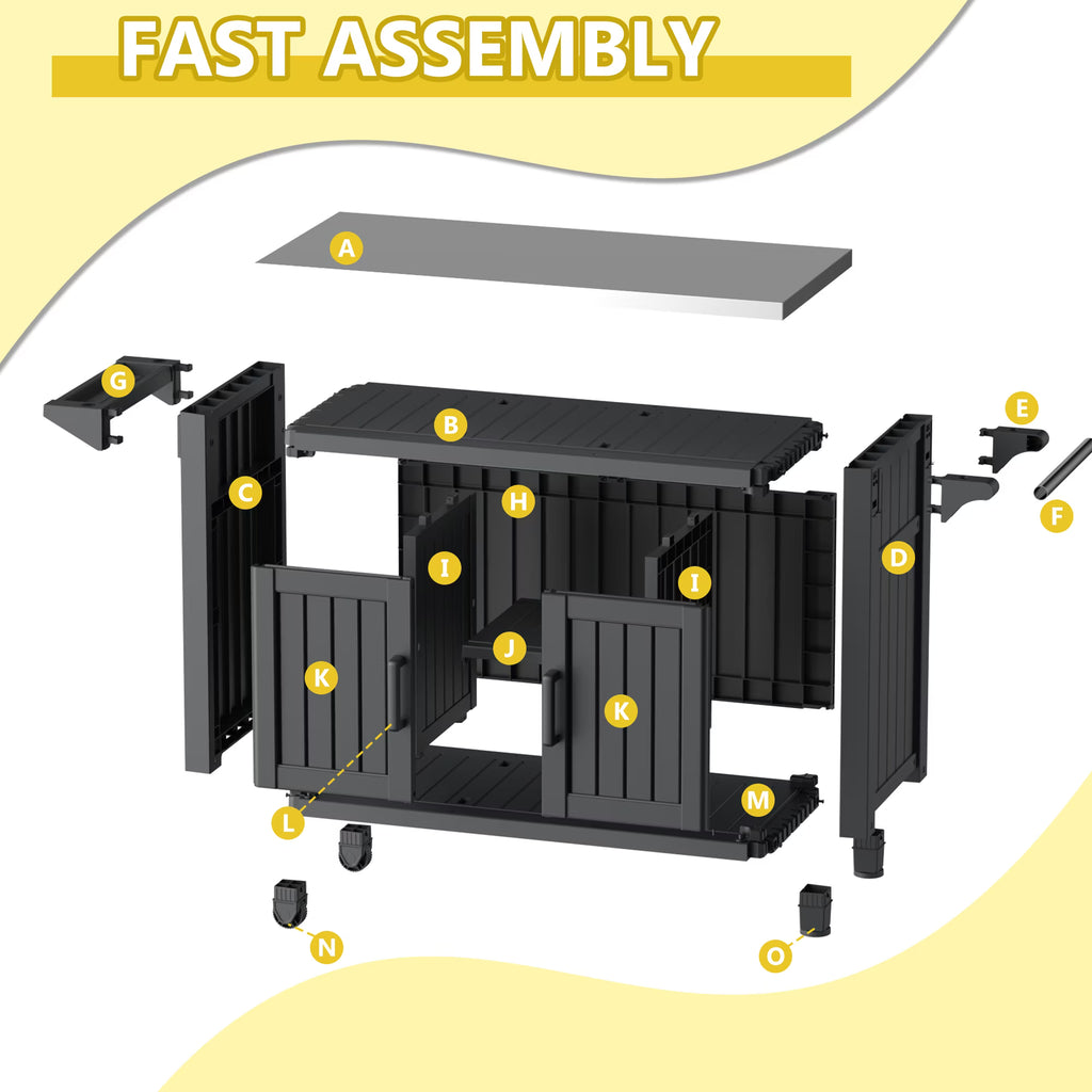 Joxxoaa Wheeled outdoor island bar cart, thickened HDPE patio serving cart with hidden storage cabinets and side trays for BBQ parties. black.