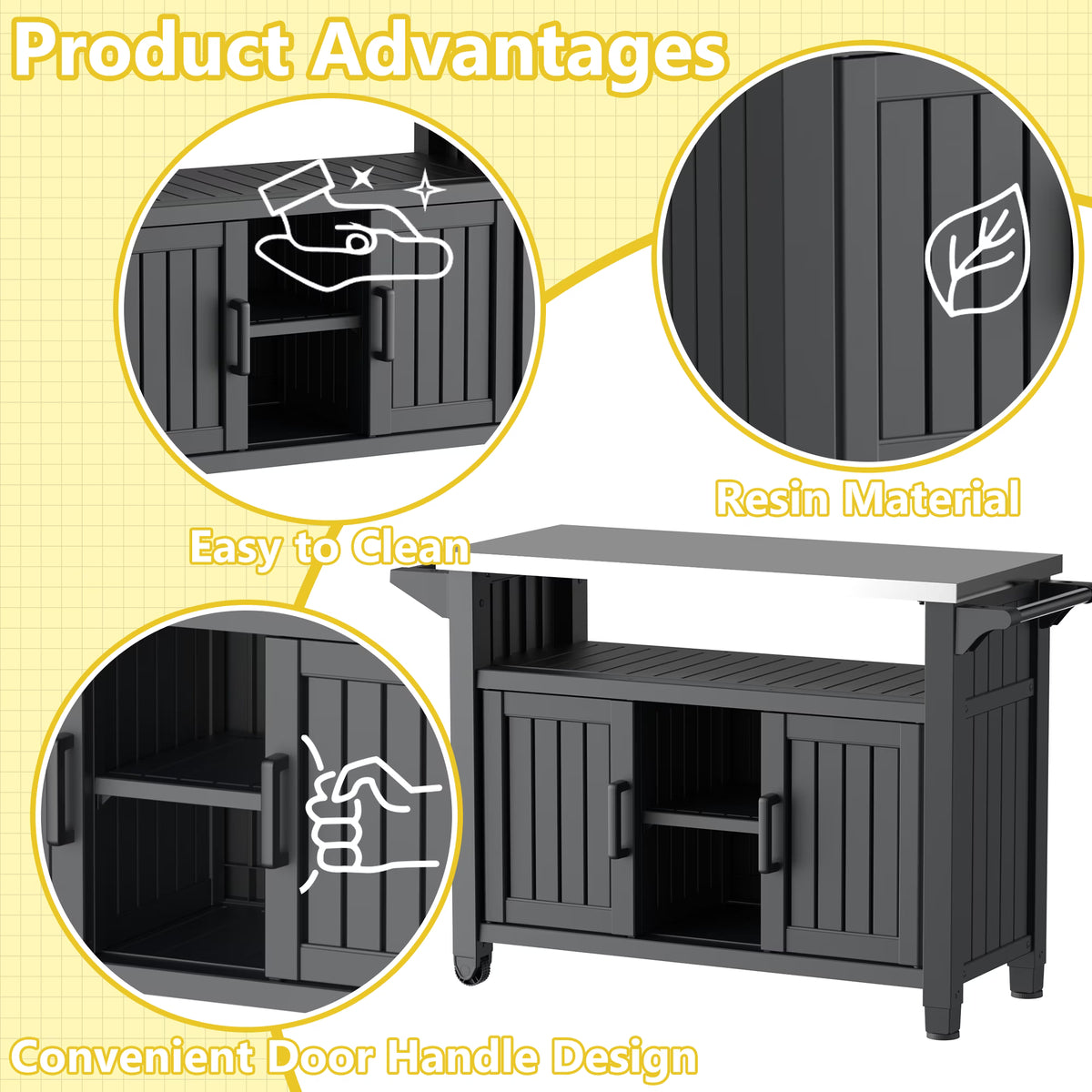 Joxxoaa Wheeled outdoor island bar cart, thickened HDPE patio serving cart with hidden storage cabinets and side trays for BBQ parties. black.