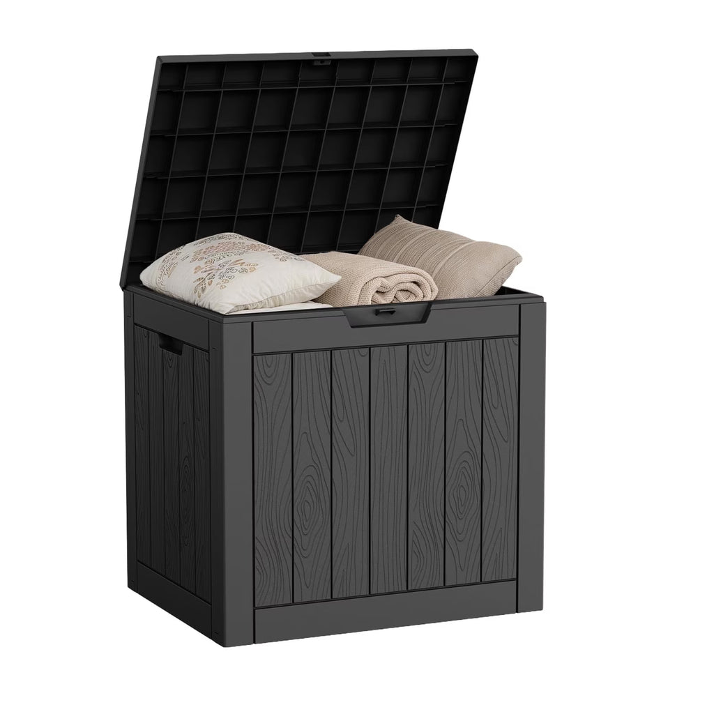 Joxxoaa 30 Gallon Resin Outdoor Storage Box & Patio Side Table for Balcony, Pool, Deck & Garden Accessories, Weather‑Resistant, Black/Brown