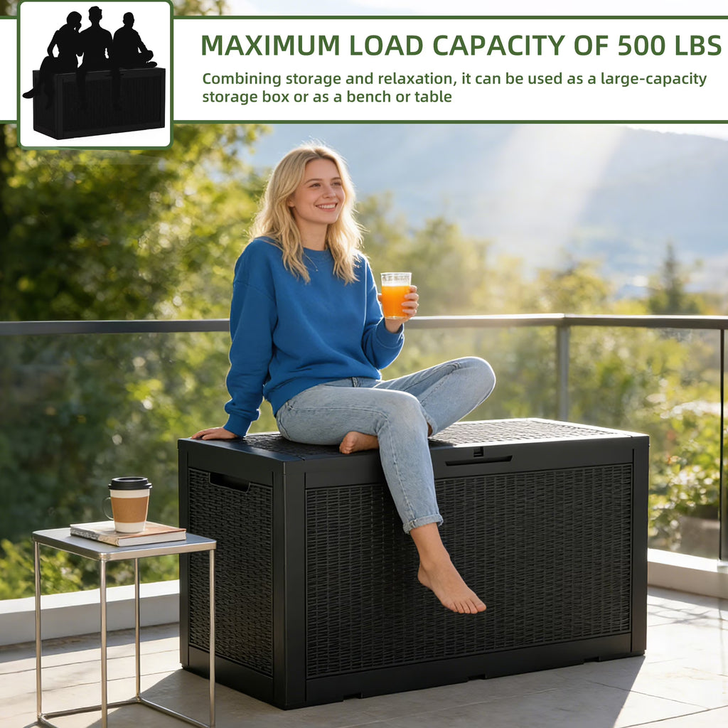 Joxxoaa 100 Gallon Waterproof Large Resin Deck Box Indoor Outdoor Lockable Storage Container for Patio Furniture Cushions Garden Tools (Black) /（Grey）