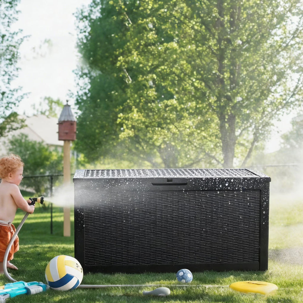 Joxxoaa 100 Gallon Waterproof Large Resin Deck Box Indoor Outdoor Lockable Storage Container for Patio Furniture Cushions Garden Tools (Black) /（Grey）