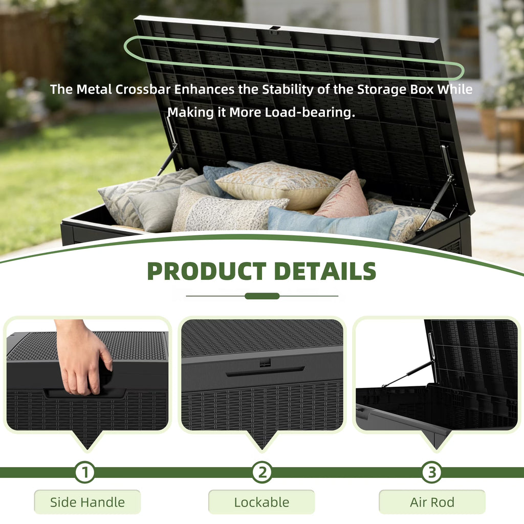 Joxxoaa 100 Gallon Waterproof Large Resin Deck Box Indoor Outdoor Lockable Storage Container for Patio Furniture Cushions Garden Tools (Black) /（Grey）