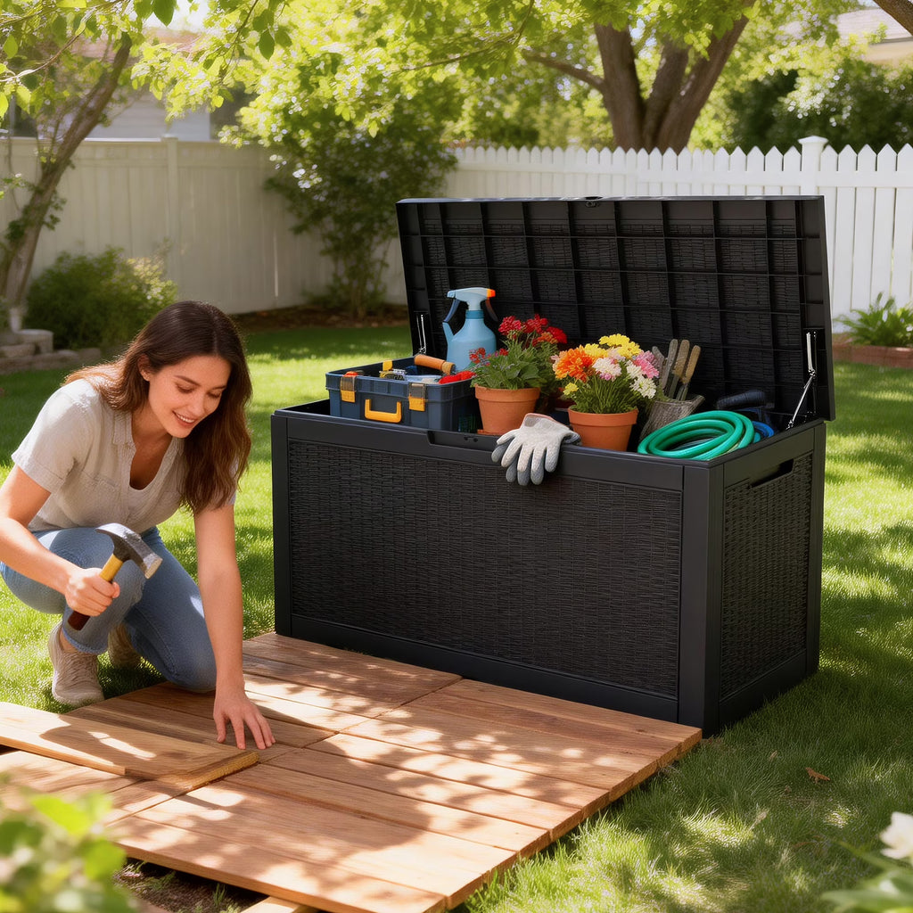 Joxxoaa 100 Gallon Waterproof Large Resin Deck Box Indoor Outdoor Lockable Storage Container for Patio Furniture Cushions Garden Tools (Black) /（Grey）